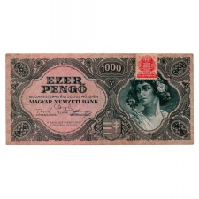 1000 Pengő Bankjegy 1945 VF egyenes hármas a sorszámban Bélyeg