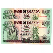 Uganda 1000 Shilling Bankjegy 1994 P36a sorszámövető pár