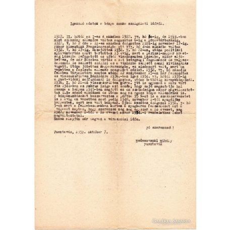 Bányász munka igazolás szolgálati időről 1959-ből, régi irat