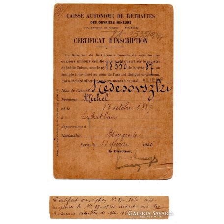 Bányászok Önkéntes Nyugdíjpénztára Párizs Regisztrációs Igazolás 1925
