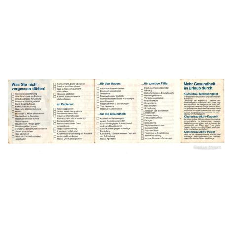 Valuta átváltó táblázat, Klosterfrau Jó utat! Egy kis segítség a felhőtlen nyaraláshoz német kiadvány 1960-as évek