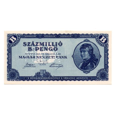 100 millió B.-Pengő Bankjegy 1946 MINTA perforációval