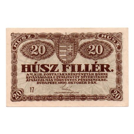 20 Fillér Postatakarékpénztár jegy 1920 EF