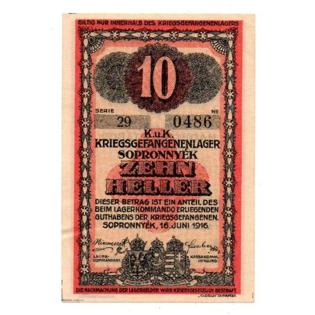 1916 Sopronnyék Hadifogolytábor 10 Fillér 