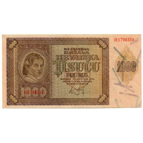 Horvátország 1000 Kuna Bankjegy 1941 P4a UNC