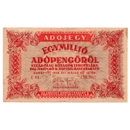 1 Millió Adópengő 1946 P53Ah F címer tükörkép és amelyeknek