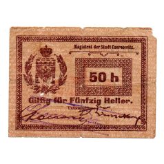   Oroszország Ukrajna Czernowitz 50 Heller Bankjegy 1914 kék bélyegzővel