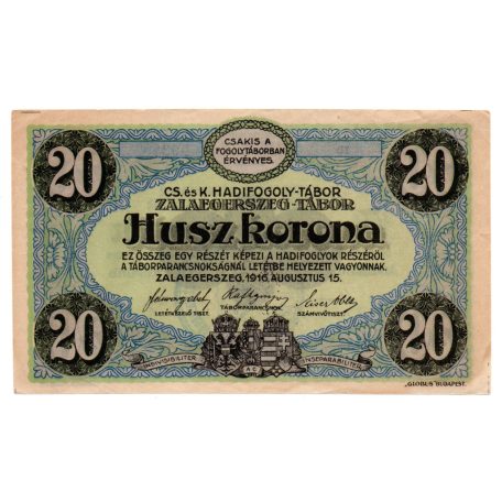 1916 Zalaegerszeg Hadifogoly-tábor 20 Korona, Eiser, bélyegzővel