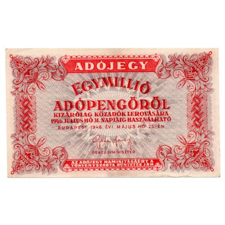 1 Millió Adópengő 1946 P53B VF fehér papíron
