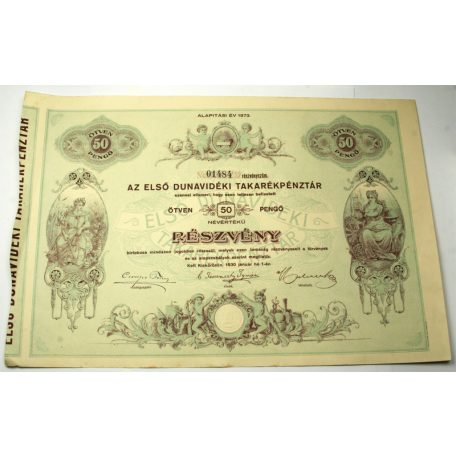 1930 Első Dunavidéki Takarékpénztár 50 Pengő Részvény