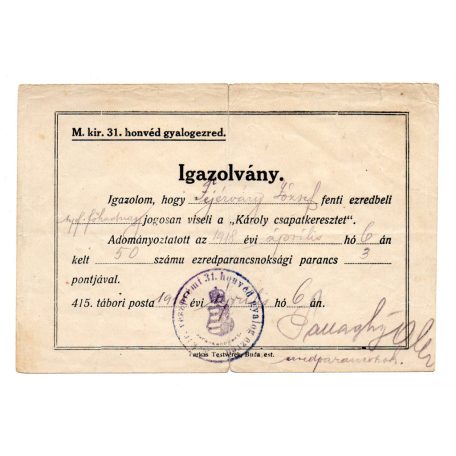 Károly Csapatkereszt viselési igazolvánnyal 1918