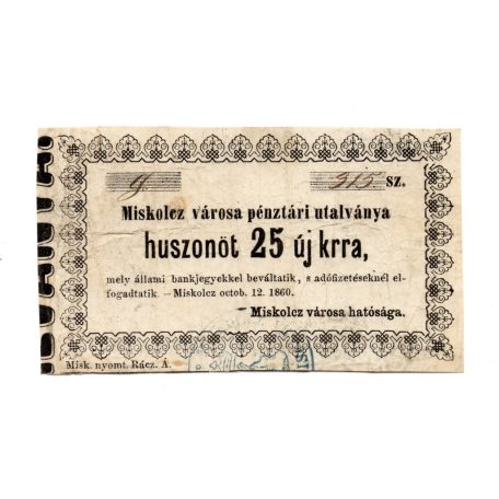 Miskolc város 25 Krajcár pénztári utalvány 1860
