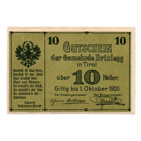 Ausztria Notgeld Brixlegg 10 Heller 1920