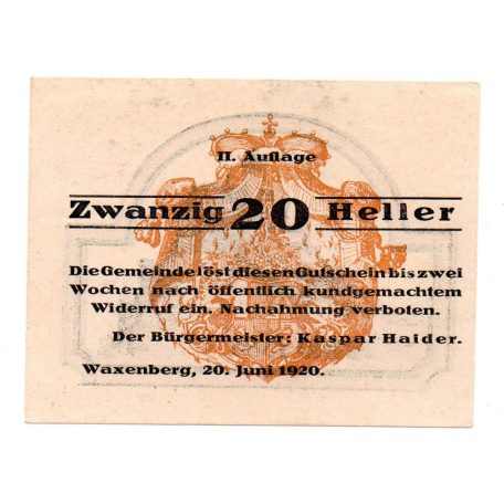 Ausztria Notgeld Waxenberg 20 Heller 1920