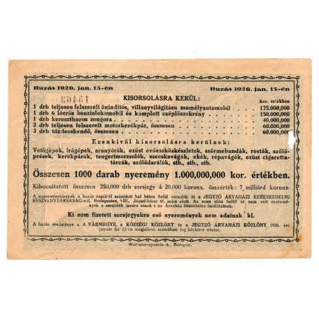 20000 Korona Árvaházi Sorsjegy E sorozat 1925