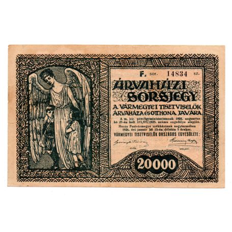20000 Korona Árvaházi Sorsjegy F sorozat 1925