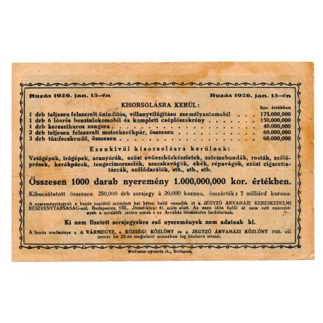 20000 Korona Árvaházi Sorsjegy F sorozat 1925