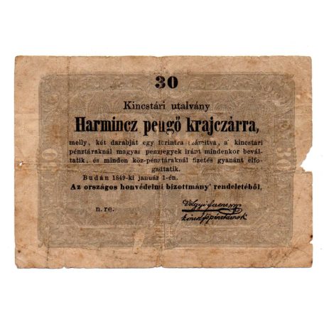Kossuth 30 Pengő Krajczárra Kincstári utalvány 1849 VG