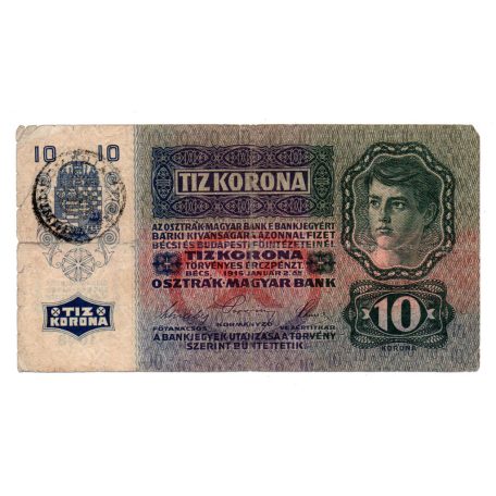 10 Korona Bankjegy 1915 román felülbélyezéssel VG
