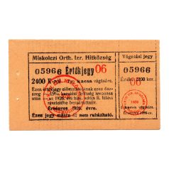 Miskolc Izrealita Hitközség 2400 Korona Érétkjegy 1926