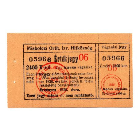 Miskolc Izrealita Hitközség 2400 Korona Érétkjegy 1926