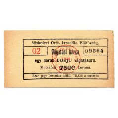 Miskolc Izrealita Hitközség 7500 Korona Vágatási bárca