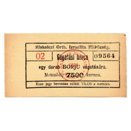 Miskolc Izrealita Hitközség 7500 Korona Vágatási bárca