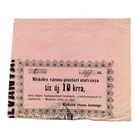 Miskolc 10 Krajcár pénztári utalvány 1860. ívsarok darab
