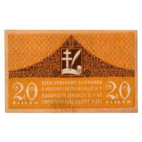 Központi Sajtóvállalat 20 Fillér utalvány 1919