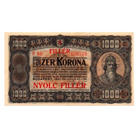 1000 Korona Államjegy 1923 8 FILLÉR felülbélyegzéssel aEF-EF