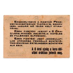 8 Órai Újság 20 Fillér Fizetési jegy 1919