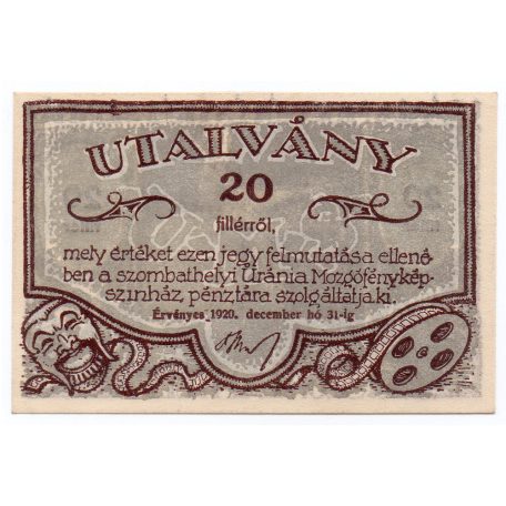 Uránia 20 Fillér utalvány Szombathely 1920