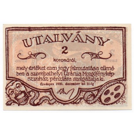 Uránia 2 Korona utalvány Szombathely 1920