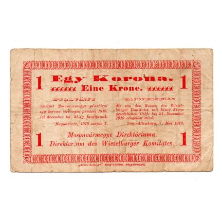 Mosonvármegye Direktóriuma 1 Korona utalvány 1919