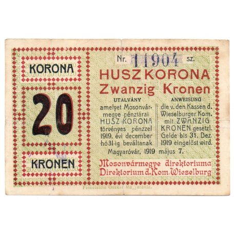 Mosonmagyaróvár Direktóriuma 20 Korona utalvány 1919