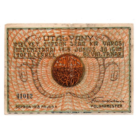 Sopron Város 10 Fillér Utalvány 1918.
