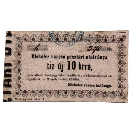 Miskolc 10 Krajcár pénztári utalvány 1860