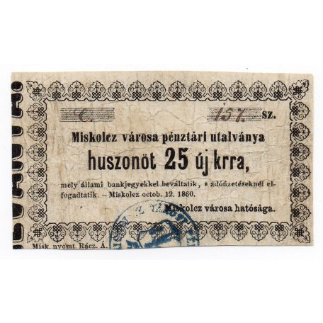 Miskolc 25 Krajcár pénztári utalvány 1860