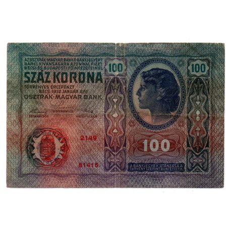 100 Korona Bankjegy 1912 Románia bélyegzéssel elöl VG