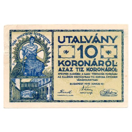 Ganz -Törzsgyár 10 Korona utalvány 1919