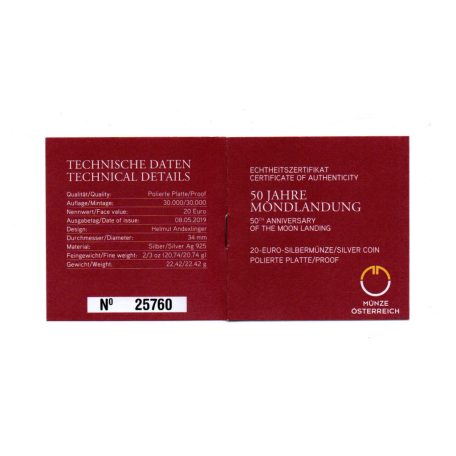 Ausztria 20 Euro 2019 PP holdraszállás