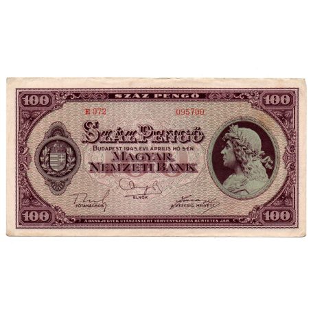 100 Pengő Bankjegy 1945 gVF