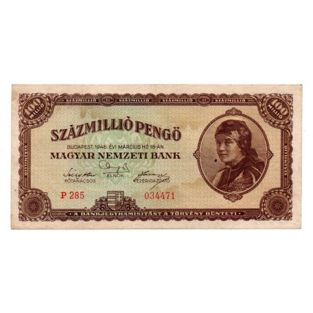 100 Millió Pengő Bankjegy 1946 VF