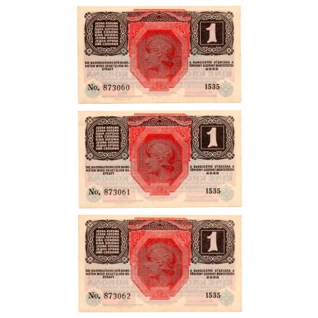 1 Korona Bankjegy 1916 Deutschösterreich sorszámkövető 3 db UNC