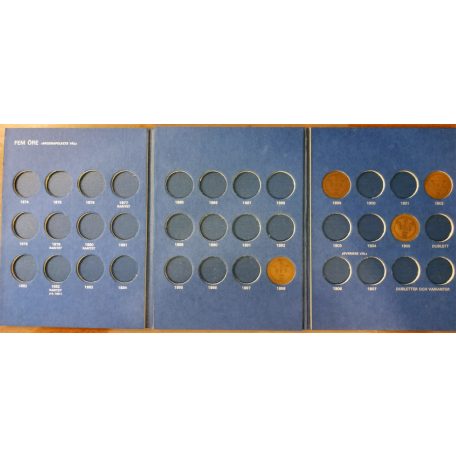 Svéd érme gyűjtői album 5 Öre 1874-1907 benne 4db érme