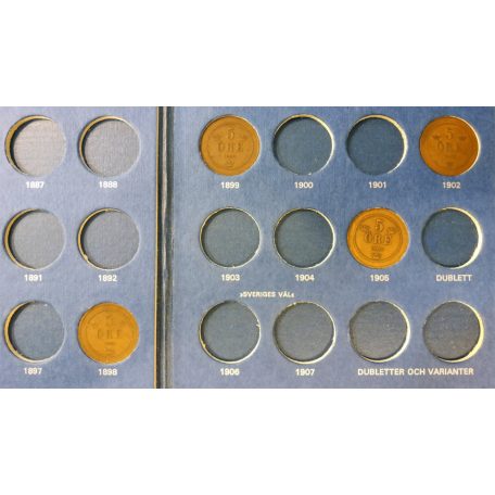 Svéd érme gyűjtői album 5 Öre 1874-1907 benne 4db érme