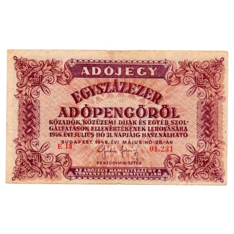100000 Adópengő 1946 P51 alacsony sorszám 01.231