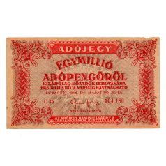   1 Millió Adópengő 1946 P53A F-VF 6 jegyű szám, fordított címer