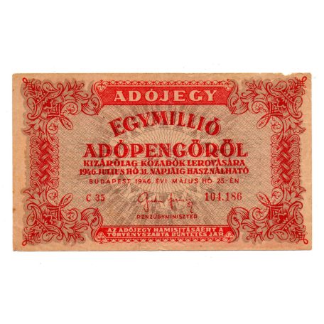 1 Millió Adópengő 1946 P53A F-VF 6 jegyű szám, fordított címer