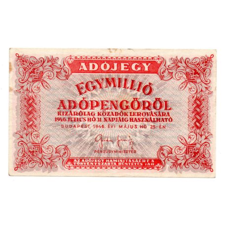 1 Millió Adópengő 1946 P53B EF fehér papíron